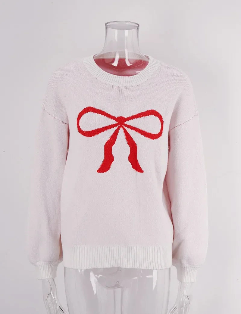 Sweaters- Ladies' Cozy Bow Crewneck Sweater - Essential Winter Wear- - Pekosa Women Fashion