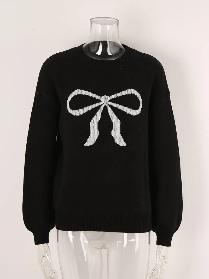 Sweaters- Ladies' Cozy Bow Crewneck Sweater - Essential Winter Wear- - Pekosa Women Fashion