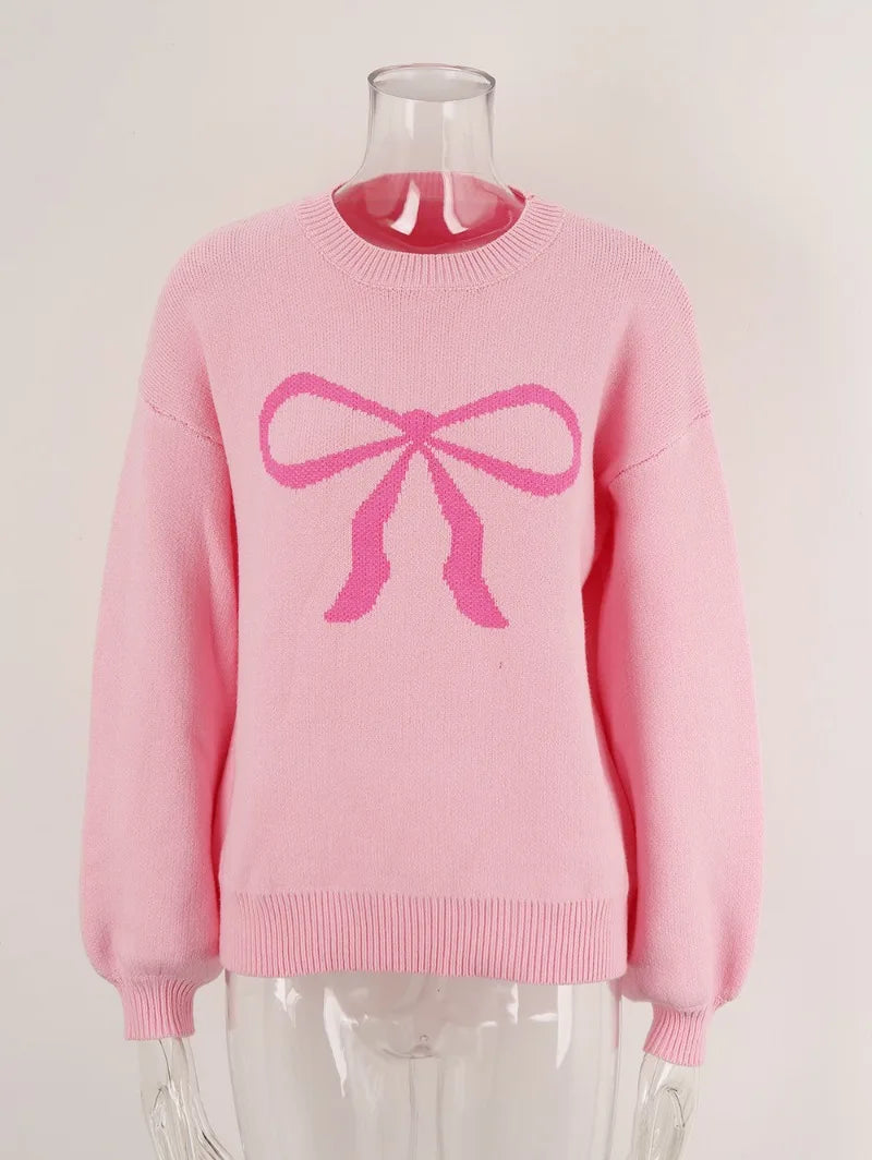 Sweaters- Ladies' Cozy Bow Crewneck Sweater - Essential Winter Wear- - Pekosa Women Fashion