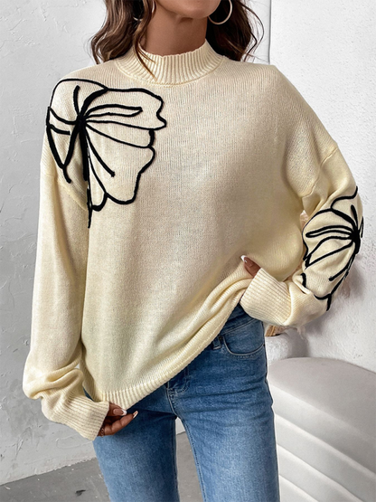 Sweaters - Leaf Embroidered High-Neck Sweater