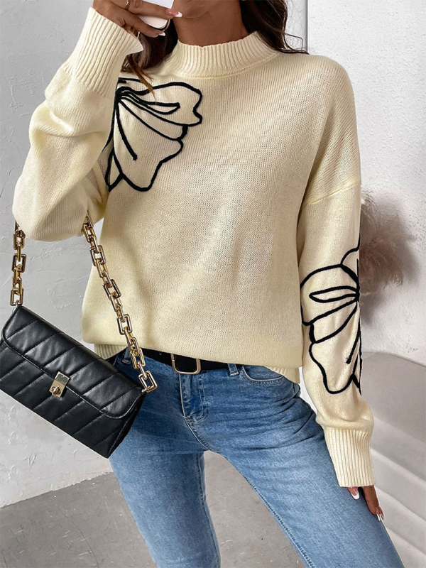 Sweaters - Leaf Embroidered High-Neck Sweater