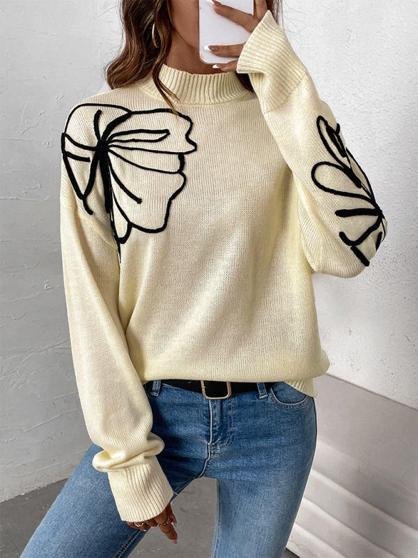 Sweaters - Leaf Embroidered High-Neck Sweater