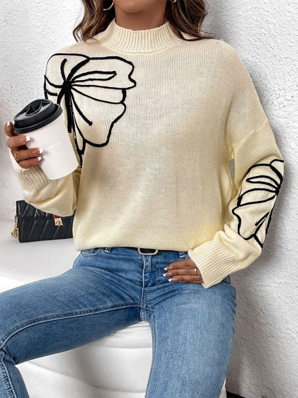 Sweaters - Leaf Embroidered High-Neck Sweater