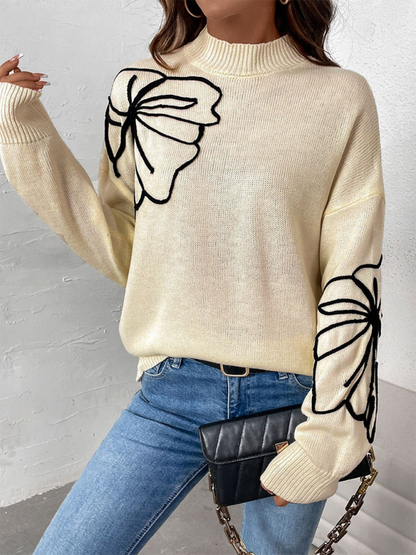 Sweaters - Leaf Embroidered High-Neck Sweater