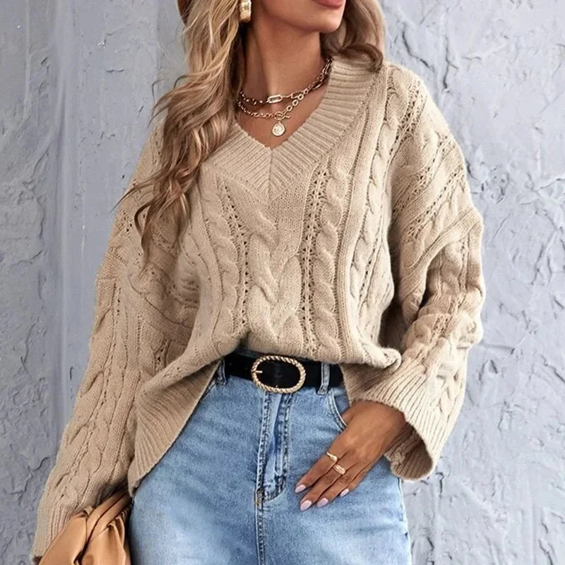 Sweaters- Loose Cable Knit V-Neck Sweater Jumper for Women- Khaki- Pekosa Women Fashion