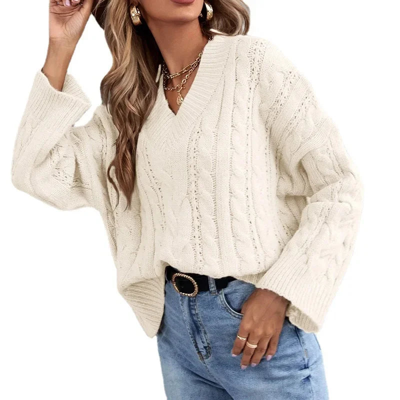 Sweaters- Loose Cable Knit V-Neck Sweater Jumper for Women- - Pekosa Women Fashion