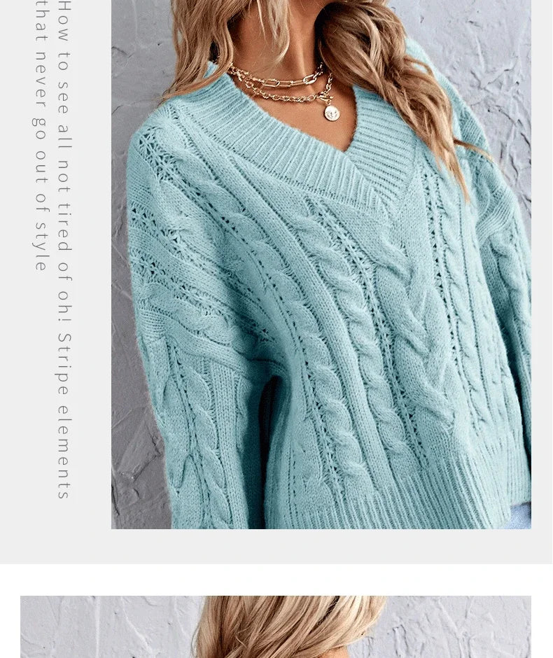 Sweaters- Loose Cable Knit V-Neck Sweater Jumper for Women- - Pekosa Women Fashion