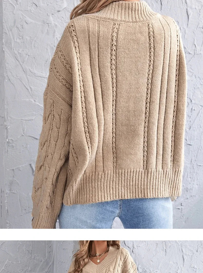 Sweaters- Loose Cable Knit V-Neck Sweater Jumper for Women- - Pekosa Women Fashion