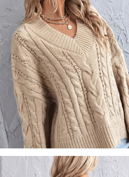 Sweaters- Loose Cable Knit V-Neck Sweater Jumper for Women- - Pekosa Women Fashion