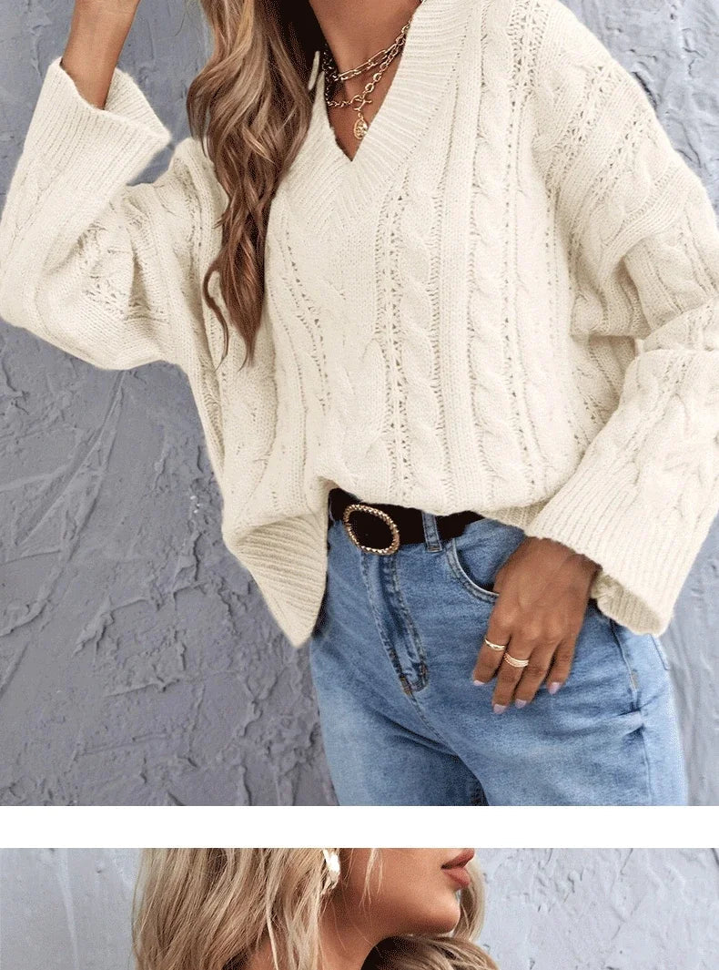 Sweaters- Loose Cable Knit V-Neck Sweater Jumper for Women- - Pekosa Women Fashion