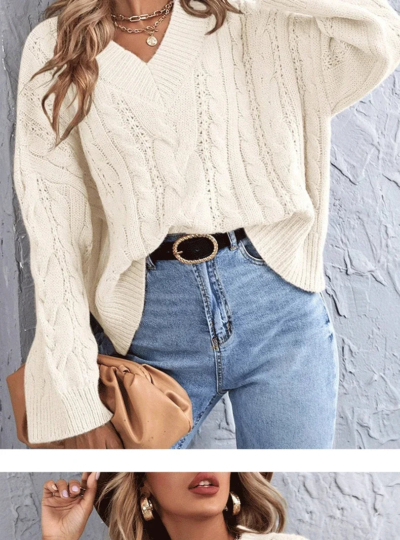 Sweaters- Loose Cable Knit V-Neck Sweater Jumper for Women- - Pekosa Women Fashion