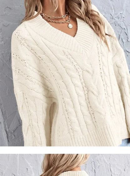 Sweaters- Loose Cable Knit V-Neck Sweater Jumper for Women- - Pekosa Women Fashion