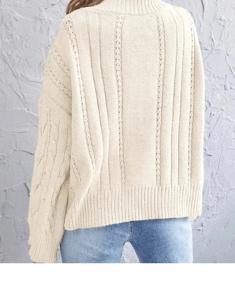 Sweaters- Loose Cable Knit V-Neck Sweater Jumper for Women- - Pekosa Women Fashion