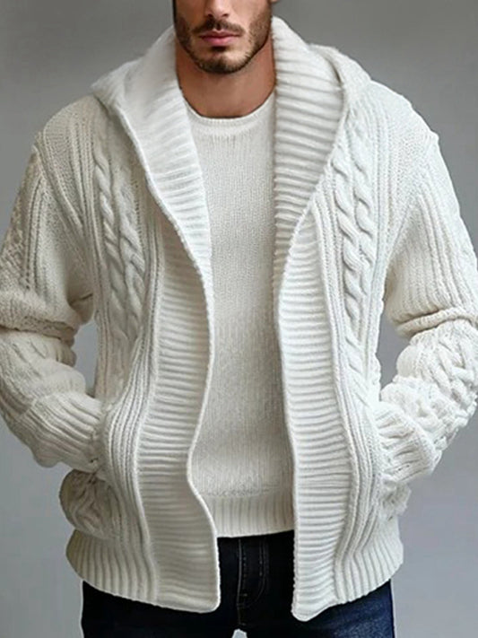 Sweaters - Men's White Cable Knit Sweater with Hood