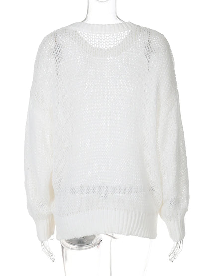 Sweaters - Mesh-Knitted Sweater Loose Fit Jumper for Women