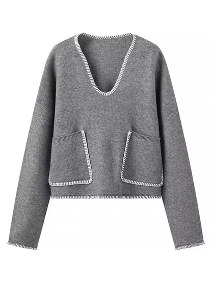 Sweaters - Modern Grey V-Neck Cropped Sweater