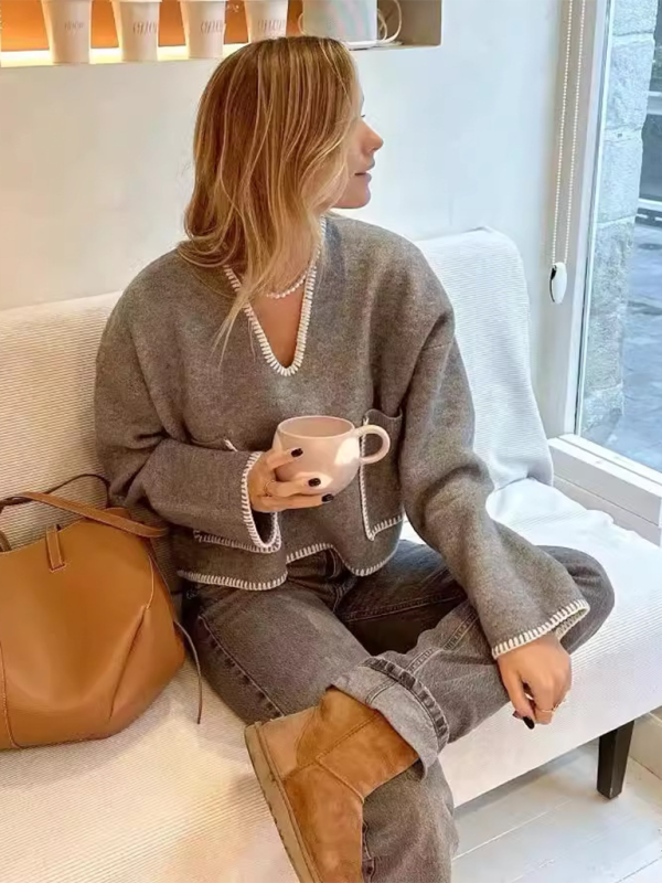 Sweaters- Modern Grey V-Neck Cropped Sweater