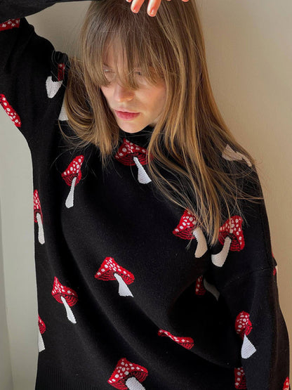 Sweaters - Mushroom Motif Comfy Sweater Oversized Jumper