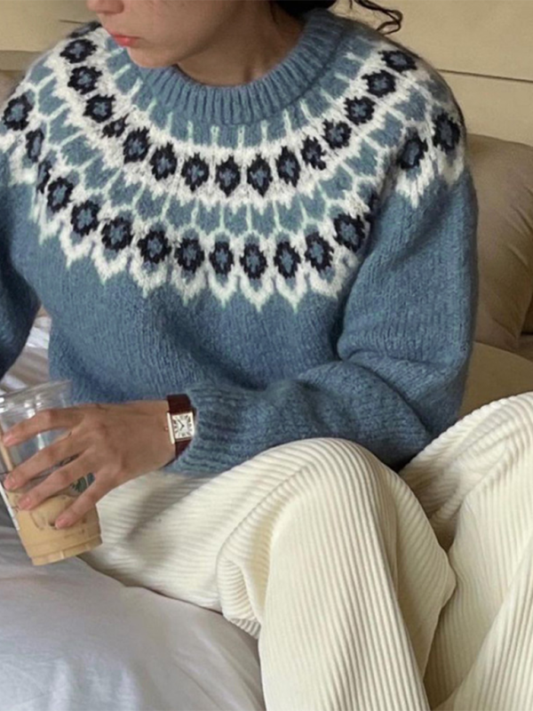 Sweaters- Nordic-Inspired Sweater for Women - Cozy Fair Isle Jumper- Blue- Pekosa Women Fashion