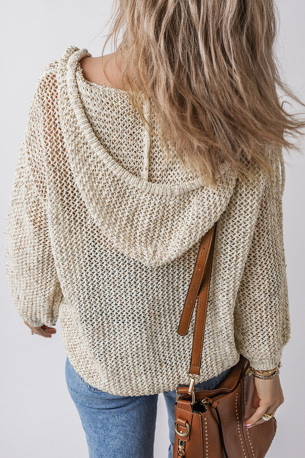 Sweaters - Open-Knit Hooded Sweater with Kangaroo Pocket