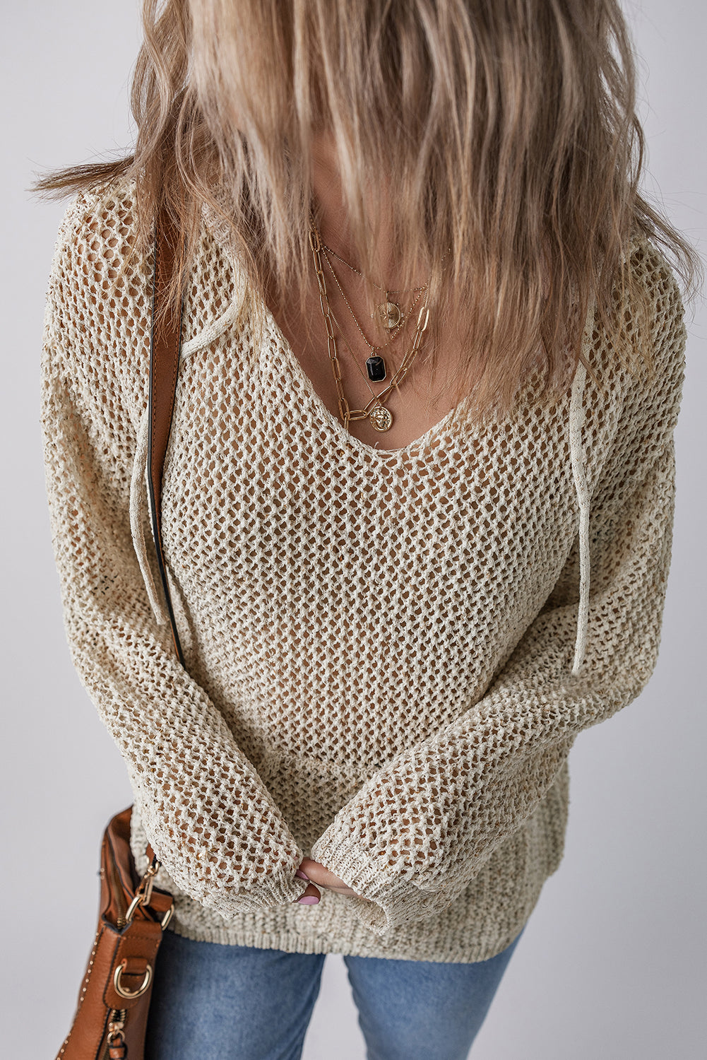 Sweaters - Open-Knit Hooded Sweater with Kangaroo Pocket