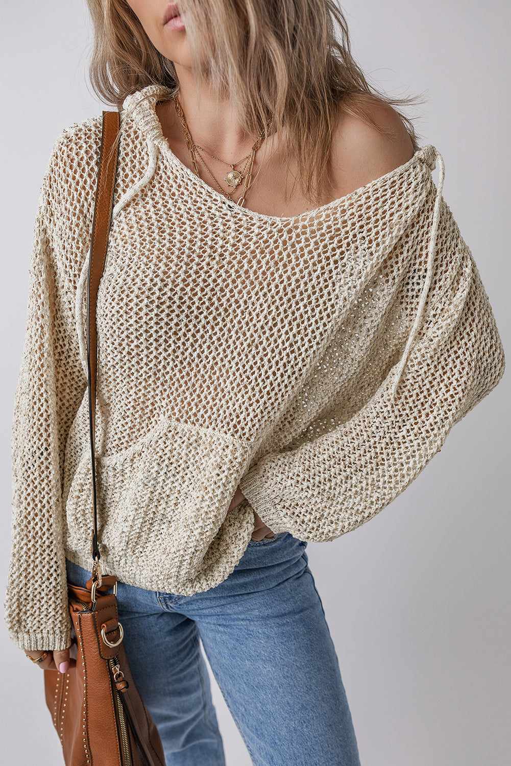 Sweaters - Open-Knit Hooded Sweater with Kangaroo Pocket