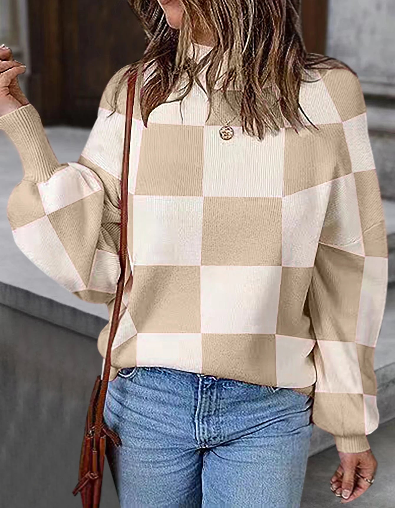 Sweaters- Oversized Checkerboard Sweater High Neck Jumper