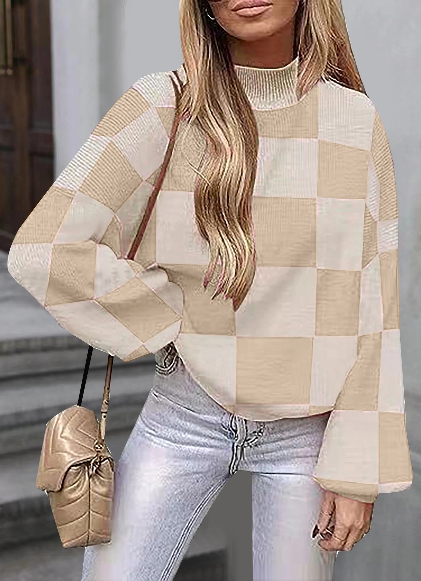 Sweaters- Oversized Checkerboard Sweater High Neck Jumper