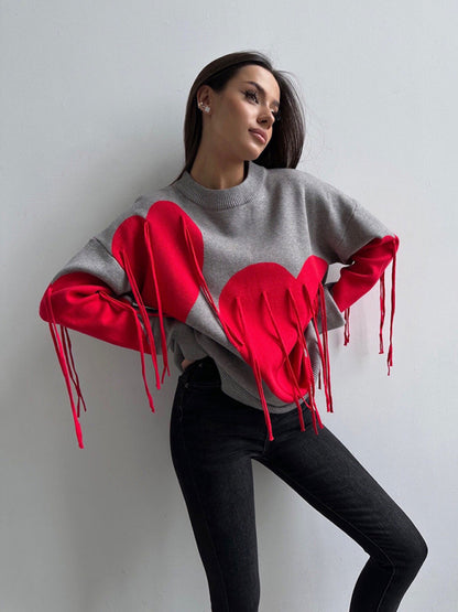 Sweaters - Oversized Heart Tassel Sweater Fringe Jumper