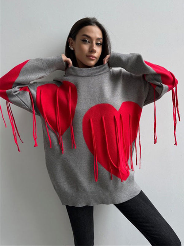 Sweaters - Oversized Heart Tassel Sweater Fringe Jumper