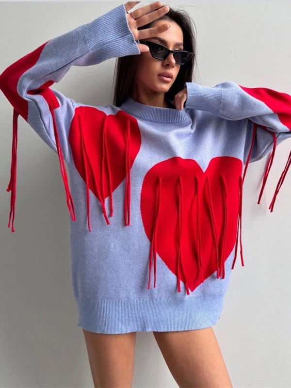 Sweaters - Oversized Heart Tassel Sweater Fringe Jumper