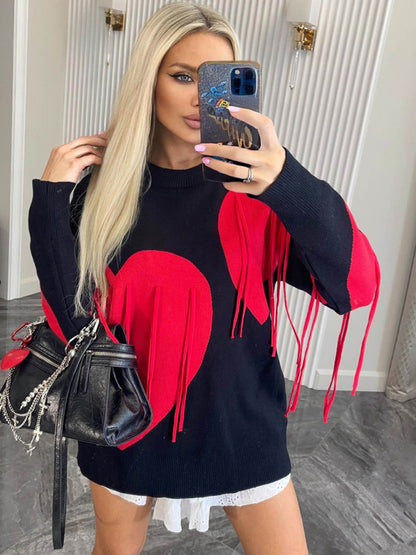 Sweaters - Oversized Heart Tassel Sweater Fringe Jumper