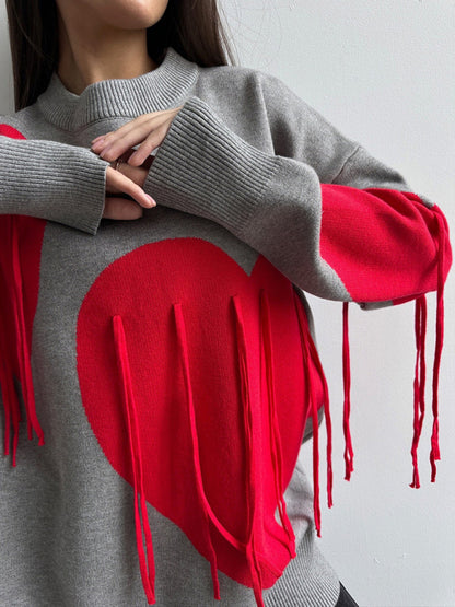 Sweaters - Oversized Heart Tassel Sweater Fringe Jumper