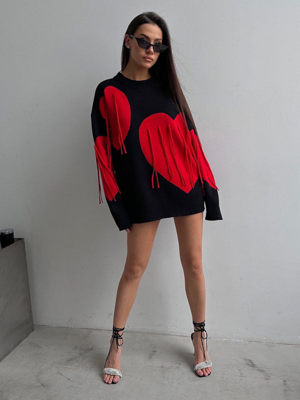 Sweaters - Oversized Heart Tassel Sweater Fringe Jumper