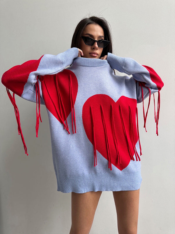 Sweaters - Oversized Heart Tassel Sweater Fringe Jumper