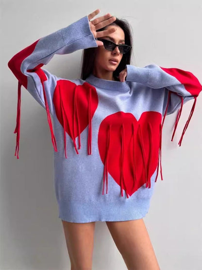 Sweaters - Oversized Heart Tassel Sweater Fringe Jumper