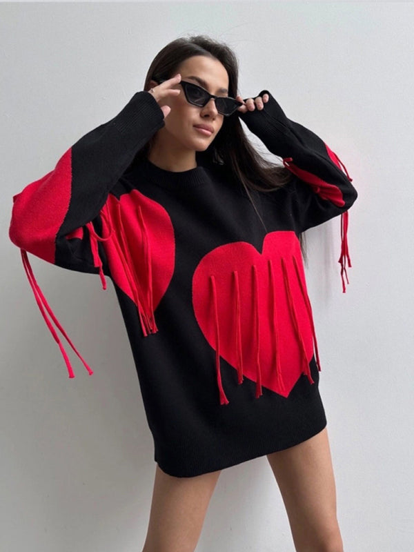 Sweaters - Oversized Heart Tassel Sweater Fringe Jumper