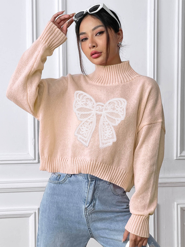 Sweaters - Oversized Pink Sweater with Lace Bow