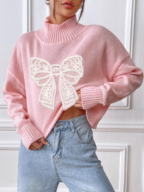 Sweaters - Oversized Pink Sweater with Lace Bow