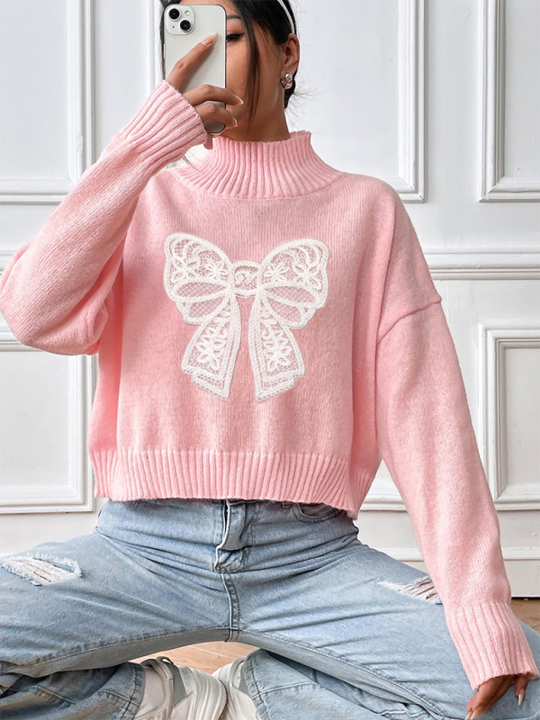 Sweaters - Oversized Pink Sweater with Lace Bow