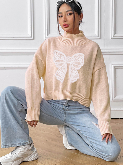 Sweaters - Oversized Pink Sweater with Lace Bow