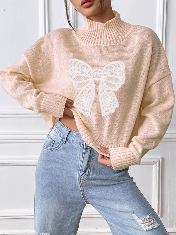 Sweaters - Oversized Pink Sweater with Lace Bow