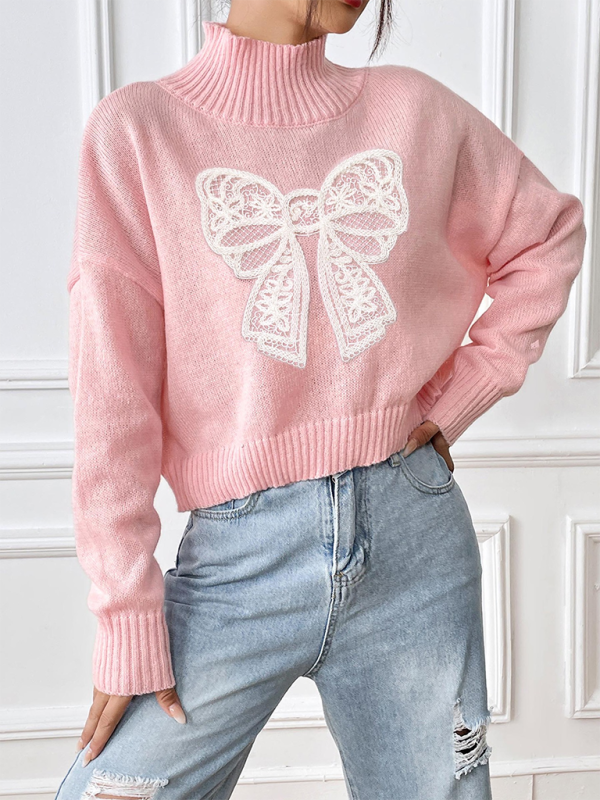 Sweaters - Oversized Pink Sweater with Lace Bow