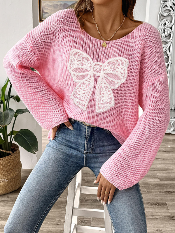 Sweaters - Oversized Pink Sweater with Lace Bow