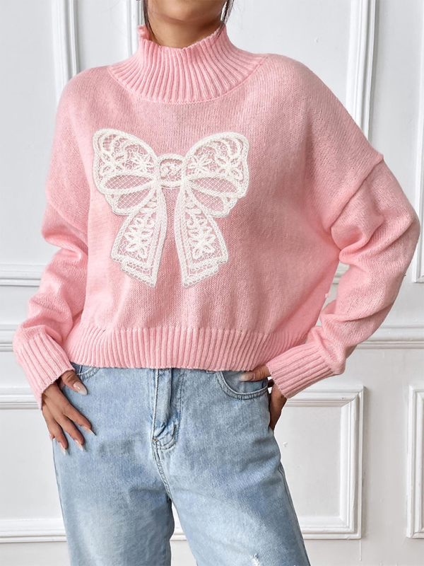 Sweaters - Oversized Pink Sweater with Lace Bow