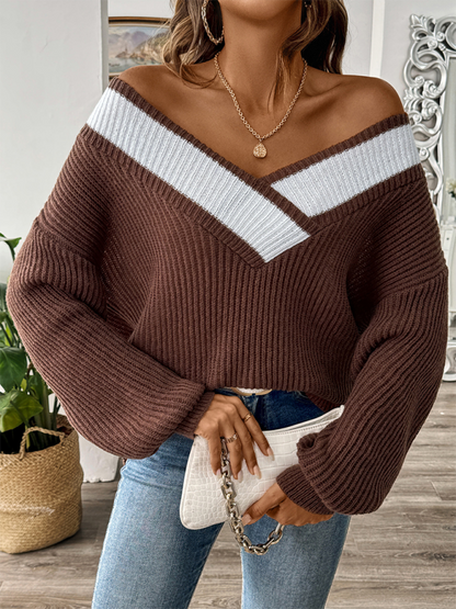 Sweaters- Oversized Wide V-Neck Sweater - Autumn Jumper Layering- - Pekosa Women Fashion