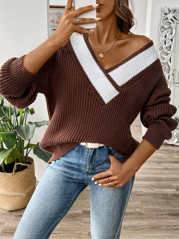 Sweaters- Oversized Wide V-Neck Sweater - Autumn Jumper Layering- - Pekosa Women Fashion