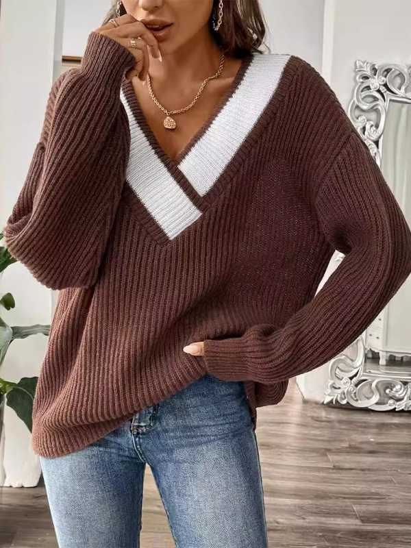 Sweaters- Oversized Wide V-Neck Sweater - Autumn Jumper Layering- - Pekosa Women Fashion