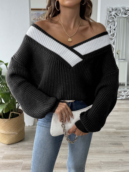 Sweaters- Oversized Wide V-Neck Sweater - Autumn Jumper Layering- Black- Pekosa Women Fashion