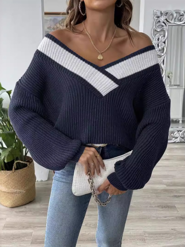 Sweaters- Oversized Wide V-Neck Sweater - Autumn Jumper Layering- Champlain color- Pekosa Women Fashion